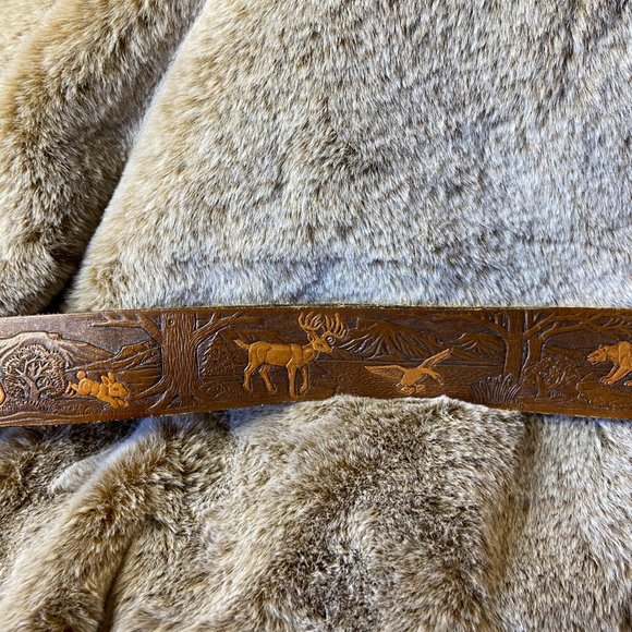 Brown Leather Belt w/ Carved Wildlife Scene | 34 - Picture 2 of 7